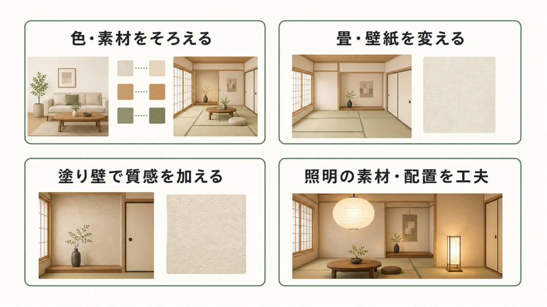 色と素材の統一、畳と壁紙の変更、塗り壁の質感、照明の工夫というモダン和室づくりの4要素を示した図解