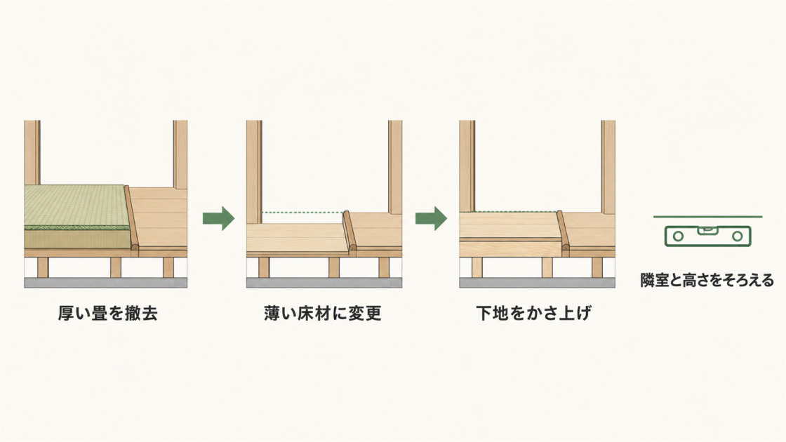 厚い畳を薄い床材へ変更した際、下地をかさ上げして隣室との床高をそろえる流れを示した断面図
