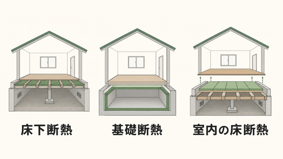 木造住宅の断面で床下断熱・基礎断熱・室内側からの床断熱の施工位置を比較した図