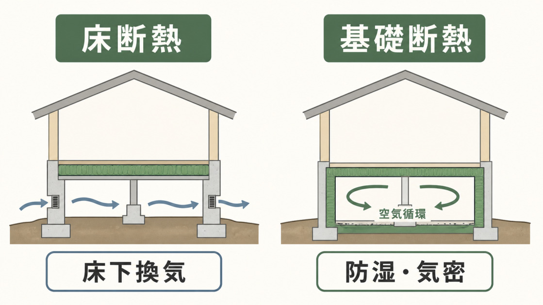 床断熱では床下換気を行い、基礎断熱では防湿・気密と床下の空気循環を計画する違いを示した図