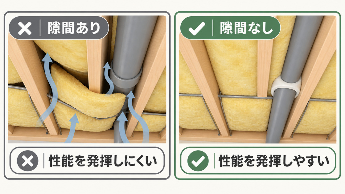 断熱材に隙間やたわみがある施工と、配管まわりまで隙間なく納めた施工の性能差を示した図