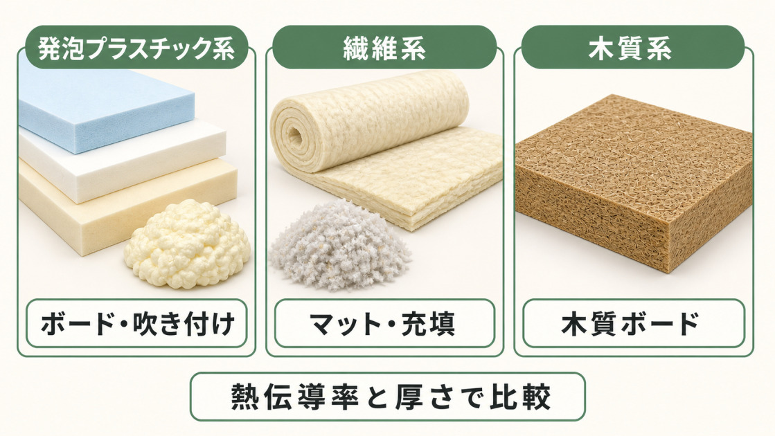 発泡プラスチック系のボードと吹き付け材、繊維系のマットと充填材、木質系のボードを並べ、熱伝導率と厚さで比較することを示した図