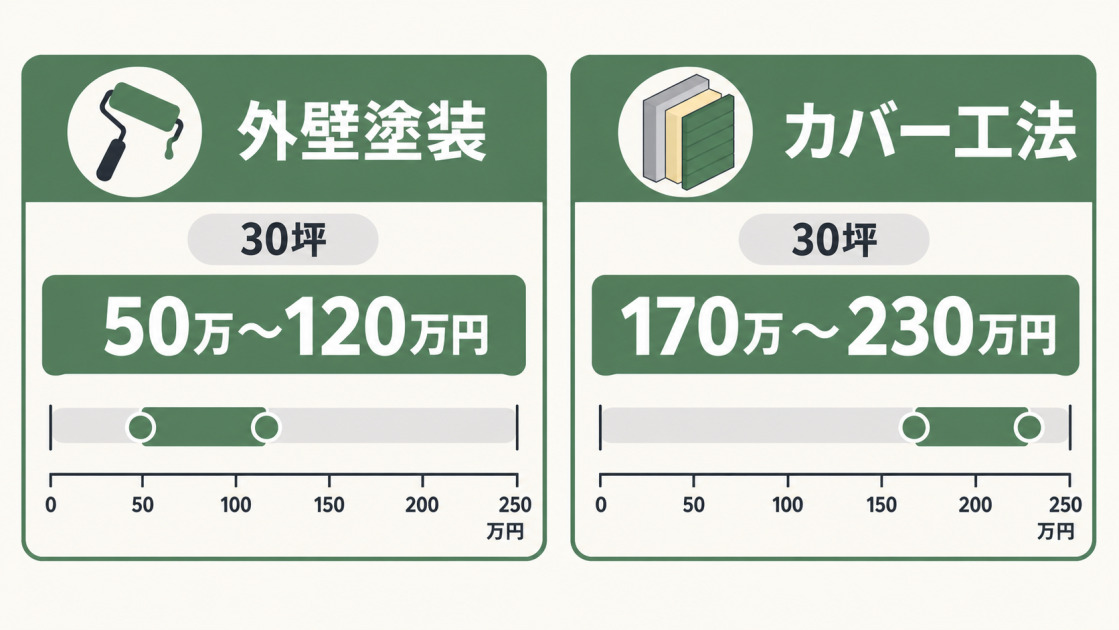 30坪のプレハブ住宅で外壁塗装50万～120万円とカバー工法170万～230万円を比較した図
