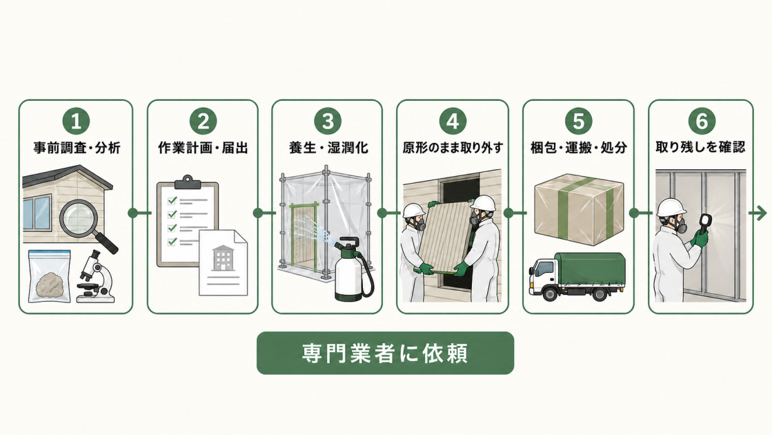 アスベストを含む可能性があるプレハブ住宅の外壁材を専門業者が撤去する6工程