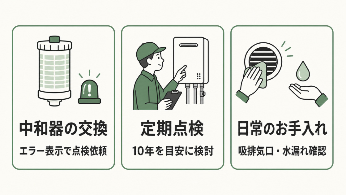 中和器の交換、定期点検、日常のお手入れの3つに分けたエコジョーズのメンテナンス図