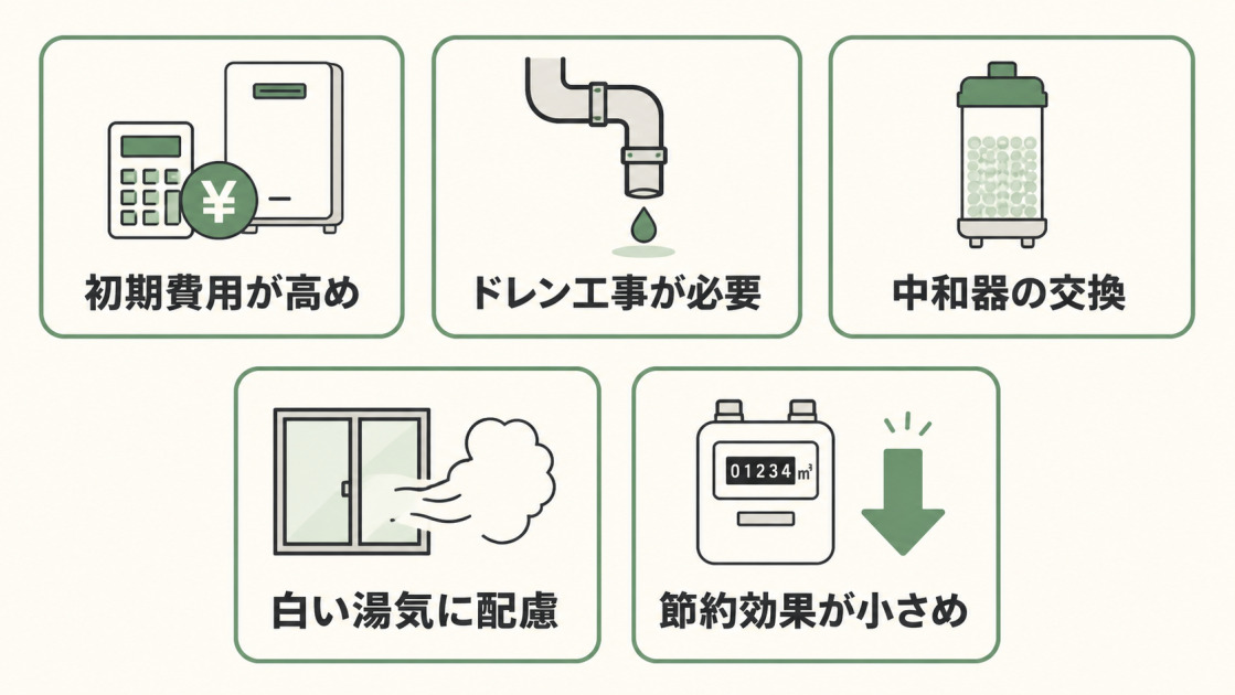 初期費用、ドレン工事、中和器の交換、白い湯気、節約効果が小さい場合というエコジョーズの5つの注意点を示した図