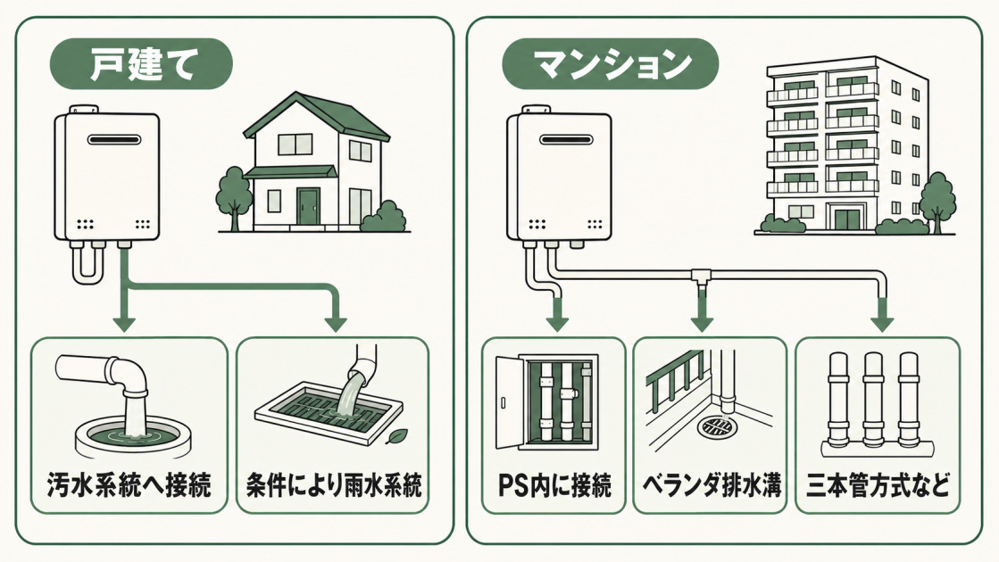 戸建ては汚水系統または条件により雨水系統、マンションはPS内・ベランダ排水溝・三本管方式などのドレン排水経路を示した図