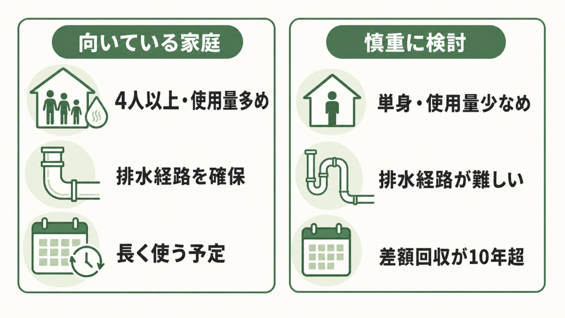 4人以上で使用量が多く排水経路を確保でき長く使う家庭と、単身で使用量が少なく排水が難しいなど慎重な検討が必要な条件を比較した図
