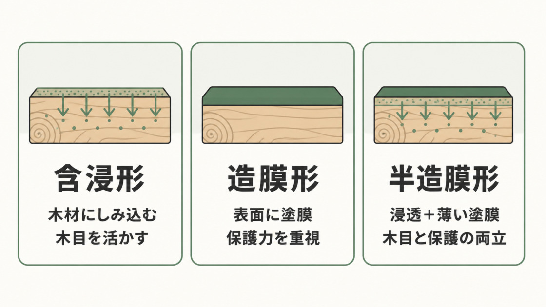 木造住宅の木部外壁用塗料について、含浸形・造膜形・半造膜形の保護方法と特徴を比較した図解