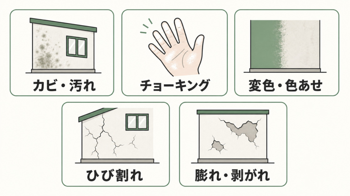 カビ・汚れ、チョーキング、変色・色あせ、ひび割れ、膨れ・剥がれの5つの外壁劣化症状を示す図解