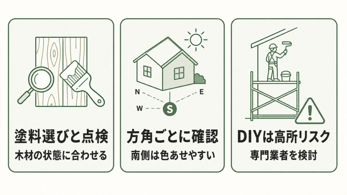 木造住宅の外壁塗装について、塗料選びと点検、方角ごとの確認、DIYの高所リスクという3つの注意点を示す図解