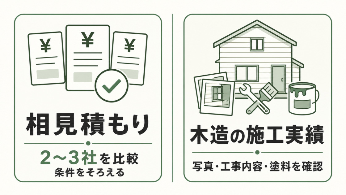 2～3社の相見積もりと木造住宅の施工実績を確認する、外壁塗装業者選びのポイントを示す図解