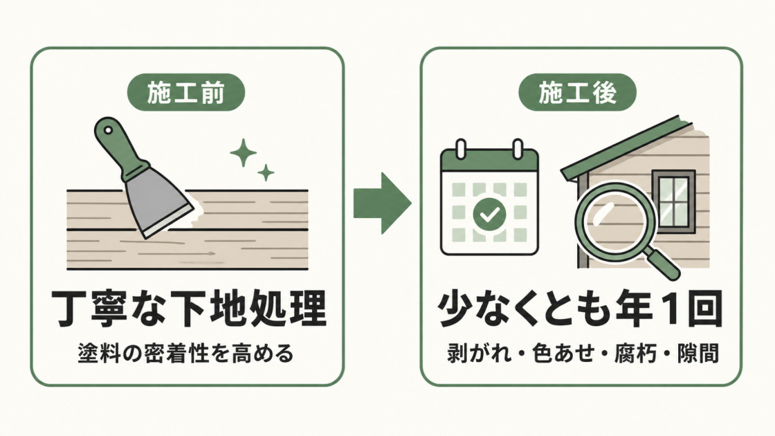 施工前の丁寧な下地処理と、施工後に少なくとも年1回行う劣化点検で、木造住宅の外壁塗装を長持ちさせる方法を示す図解