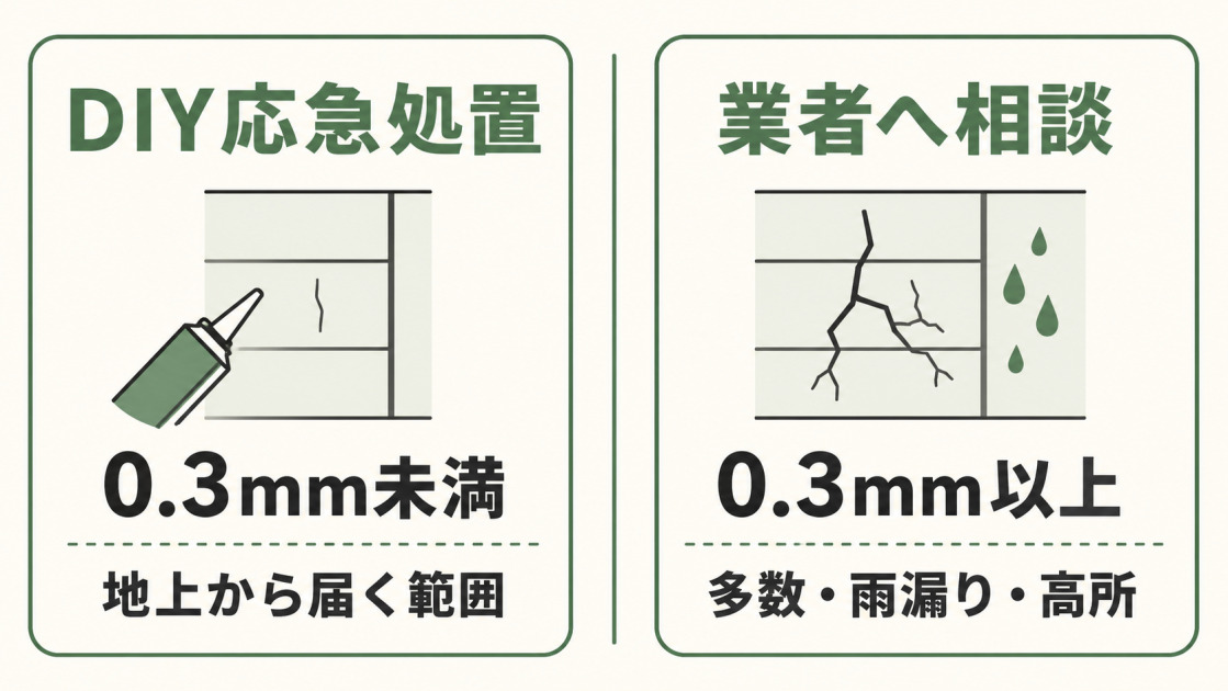 外壁のひび割れは0.3mm未満で地上から届く範囲のみDIY応急処置とし、0.3mm以上や多数・雨漏り・高所は業者へ相談する目安