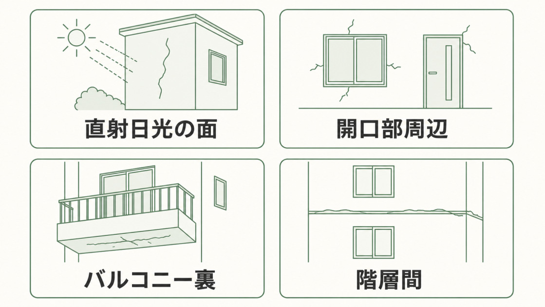 直射日光が当たる面、窓や扉などの開口部周辺、バルコニー裏、階層間の4つの注意箇所