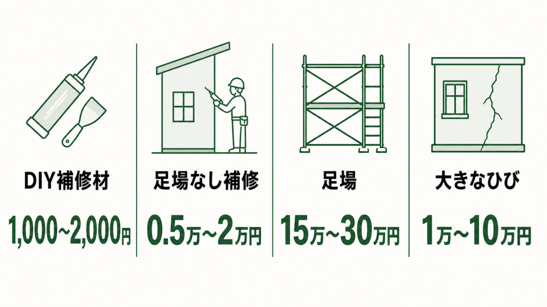 DIY補修材1,000～2,000円、足場なし補修0.5万～2万円、足場15万～30万円、大きなひび1万～10万円の費用目安