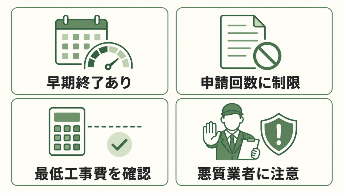 早期終了、申請回数の制限、最低工事費、悪質業者という申請前の4つの注意点を示す図