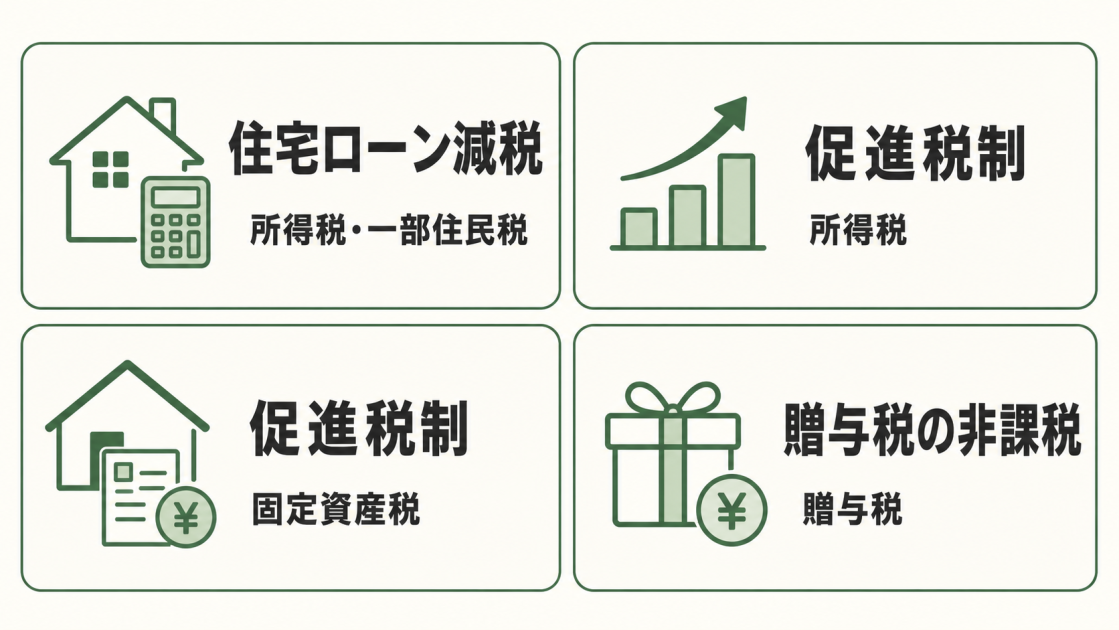 住宅ローン減税、所得税と固定資産税のリフォーム促進税制、贈与税の非課税の4種類と対象税を整理した図解