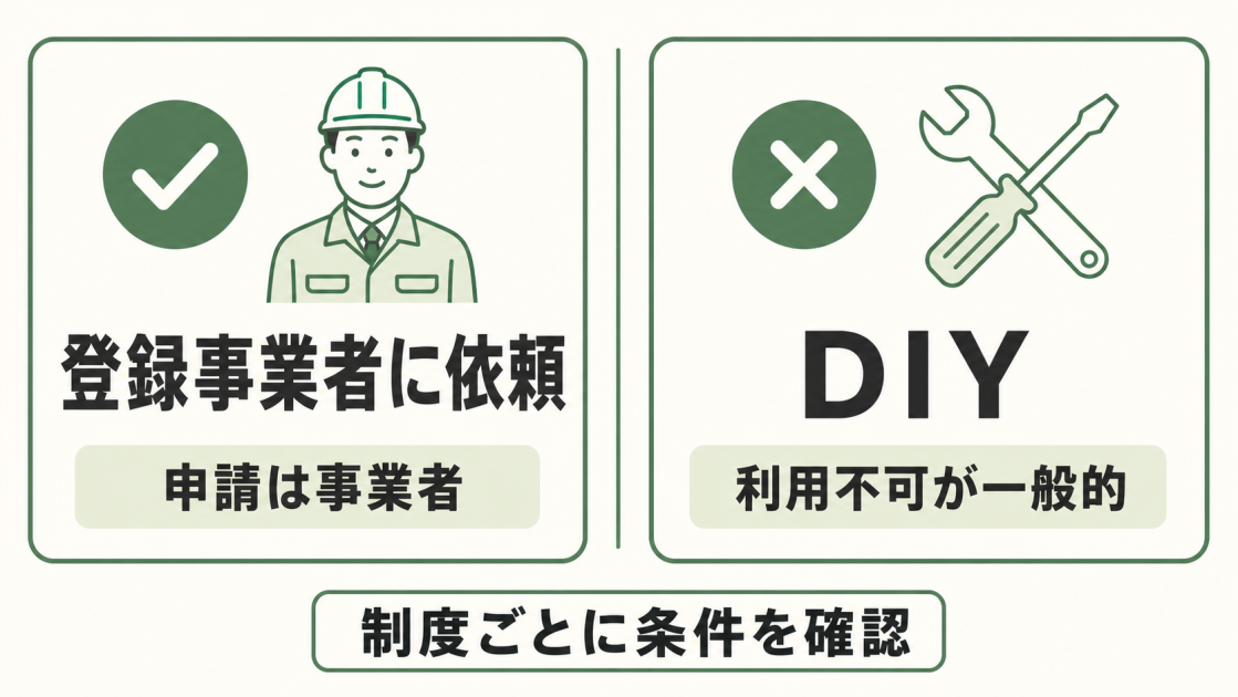 登録事業者へ依頼する制度では事業者が申請し、DIYは補助金を利用できないのが一般的であることを示す比較図