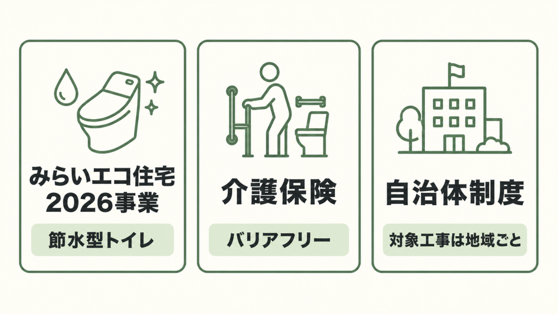 みらいエコ住宅2026事業、介護保険、自治体制度の3種類と、それぞれの主な対象工事を示した図解