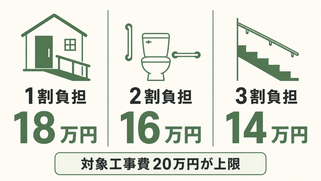 介護保険の住宅改修費は対象工事費20万円を上限に、1割負担で18万円、2割負担で16万円、3割負担で14万円が支給上限となることを示す図解