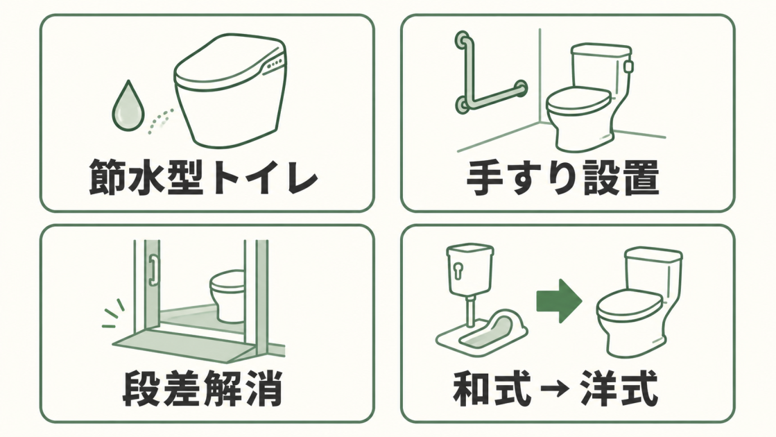 節水型トイレへの交換、手すり設置、段差解消、和式から洋式への交換の4種類を示した図解