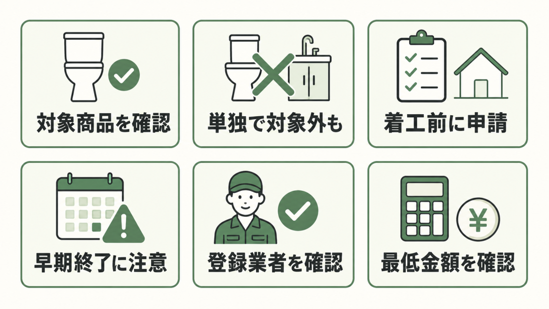 対象商品、単独工事の可否、着工前申請、早期終了、登録業者、最低金額の6項目を確認するよう示した図解