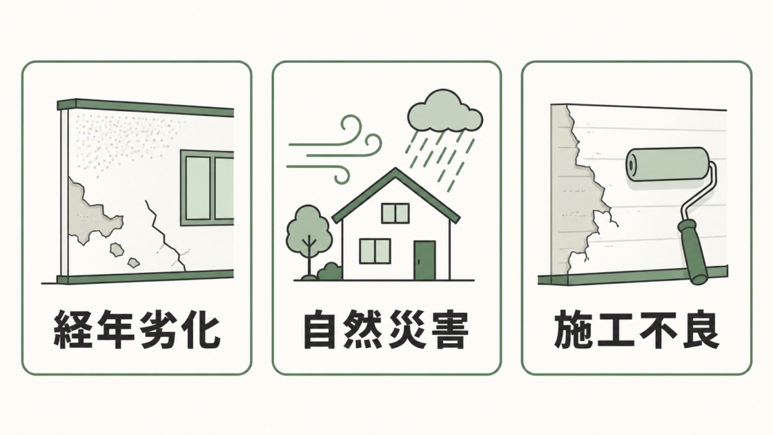 経年劣化・自然災害・施工不良の3つを外壁や住宅のアイコンで示した図解