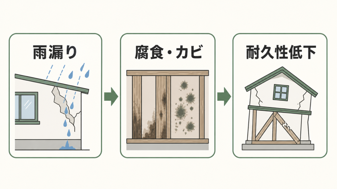 雨漏りから腐食・カビ、建物の耐久性低下へ進むリスクを矢印で示した図解
