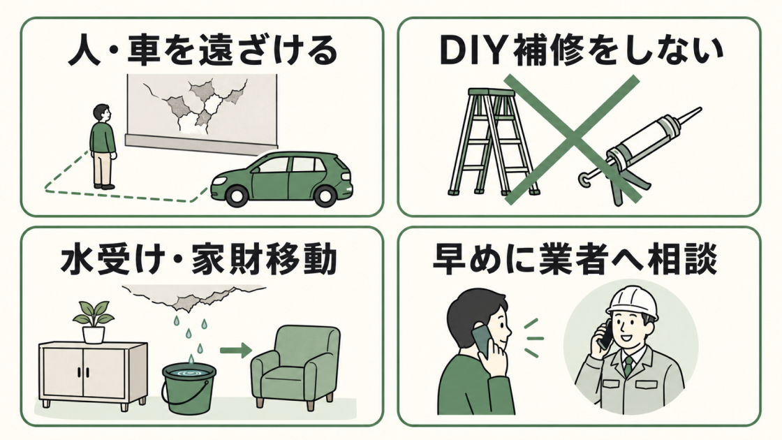 人や車を遠ざけ、DIY補修を避け、室内の水受けと家財移動を行い、業者へ相談する4つの応急対応を示した図解