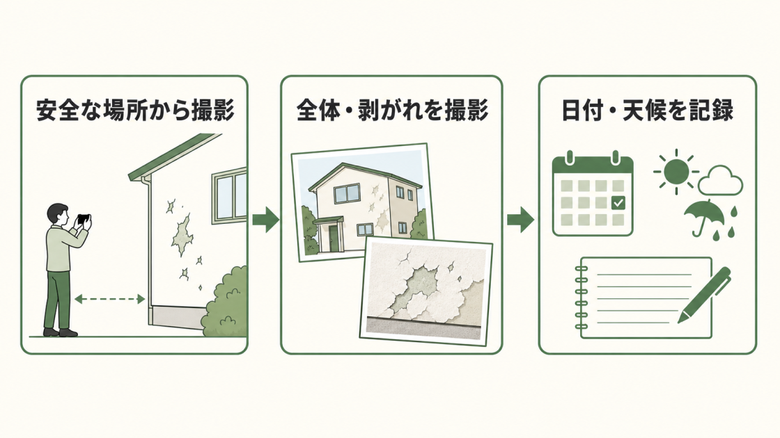 安全な場所から外壁全体と剥がれを撮影し、日付と天候を記録する3つの手順を示した図解