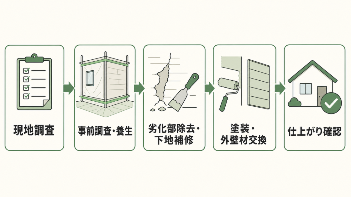 現地調査から事前調査と養生、下地補修、塗装または外壁材交換、仕上がり確認までの5工程を示した図解