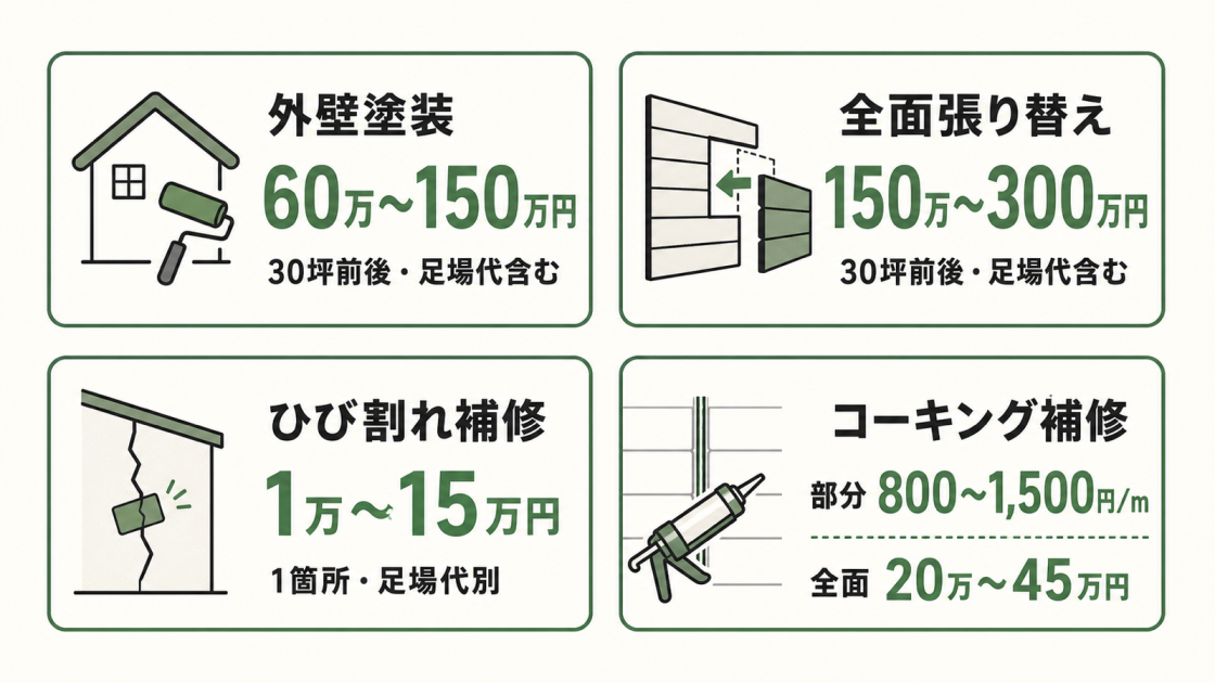 外壁塗装60万～150万円、全面張り替え150万～300万円、ひび割れ補修1万～15万円、コーキング補修の費用目安を比較した図解