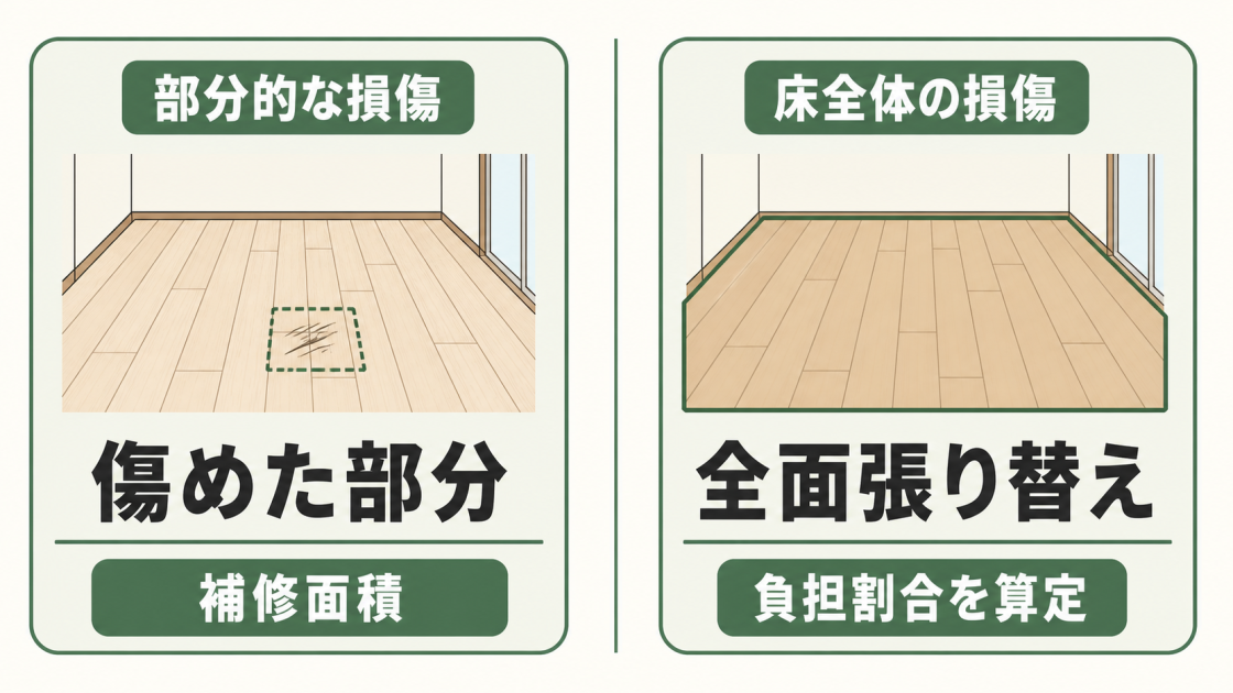 部分的な床の損傷は傷めた部分の補修面積、床全体の損傷は全面張り替えとして負担割合を算定する違い