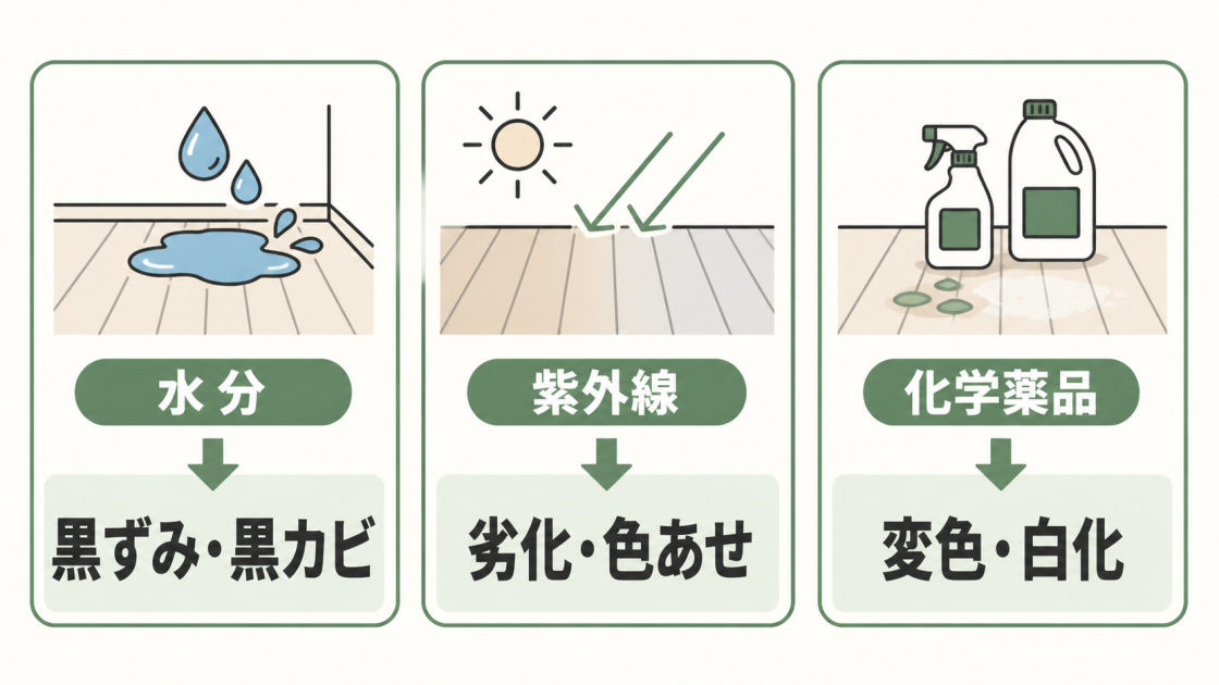 賃貸の床が変色する主な原因である水分・紫外線・化学薬品と、黒ずみ・黒カビ、劣化・色あせ、変色・白化の関係