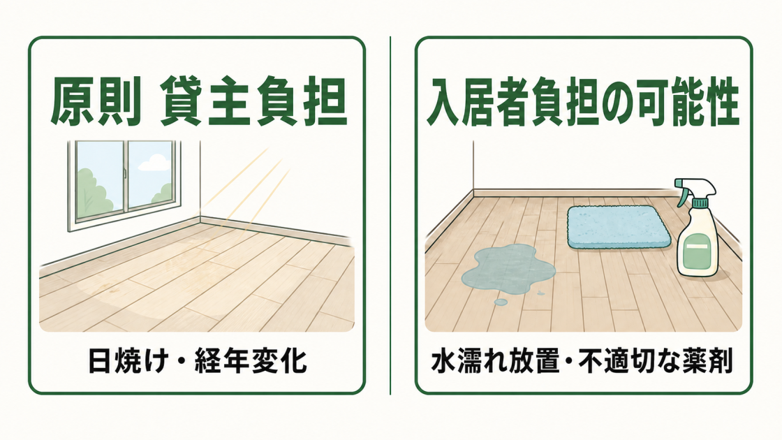 日焼けや経年変化は原則として貸主負担、水濡れの放置や不適切な薬剤による変色は入居者負担の可能性があることを比較した図