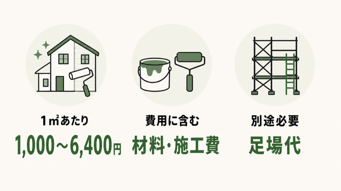 外壁コーティングは1平方メートルあたり1,000～6,400円が目安で、材料・施工費を含み足場代は別途と示す図解