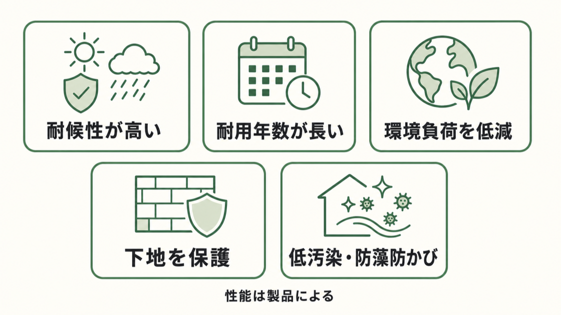 ガラス塗料の耐候性、耐用年数、環境負荷低減、下地保護、低汚染・防藻防かびの5つのメリットを示す図解