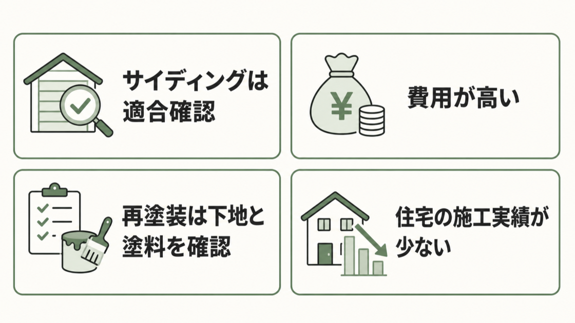 サイディングの適合確認、費用、再塗装時の確認、住宅の施工実績というガラス塗料の4つの注意点を示す図解