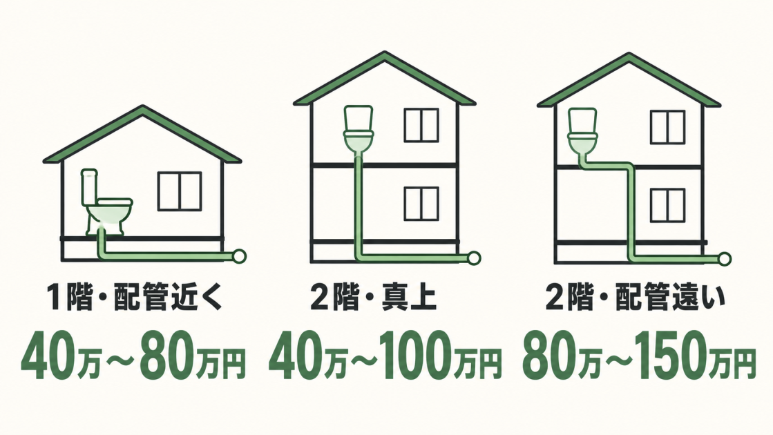 1階・配管近くは40万〜80万円、2階・真上は40万〜100万円、2階・配管遠い場合は80万〜150万円というトイレ増設費用の目安