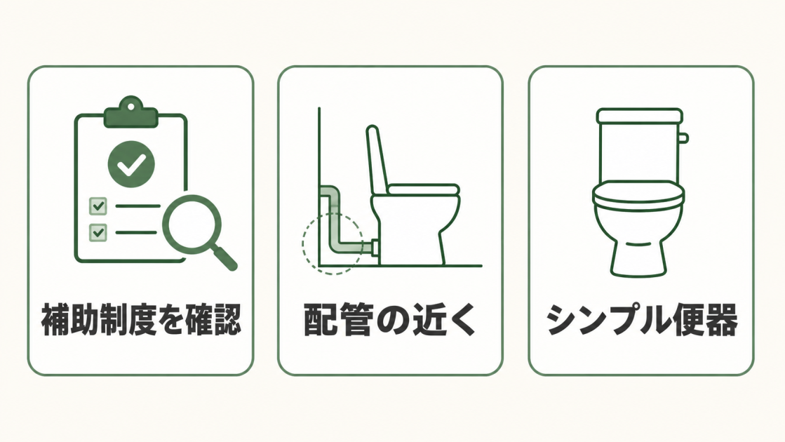 補助制度の確認、配管の近くへの設置、シンプルな便器選びというトイレ増設費用を抑える3つの方法