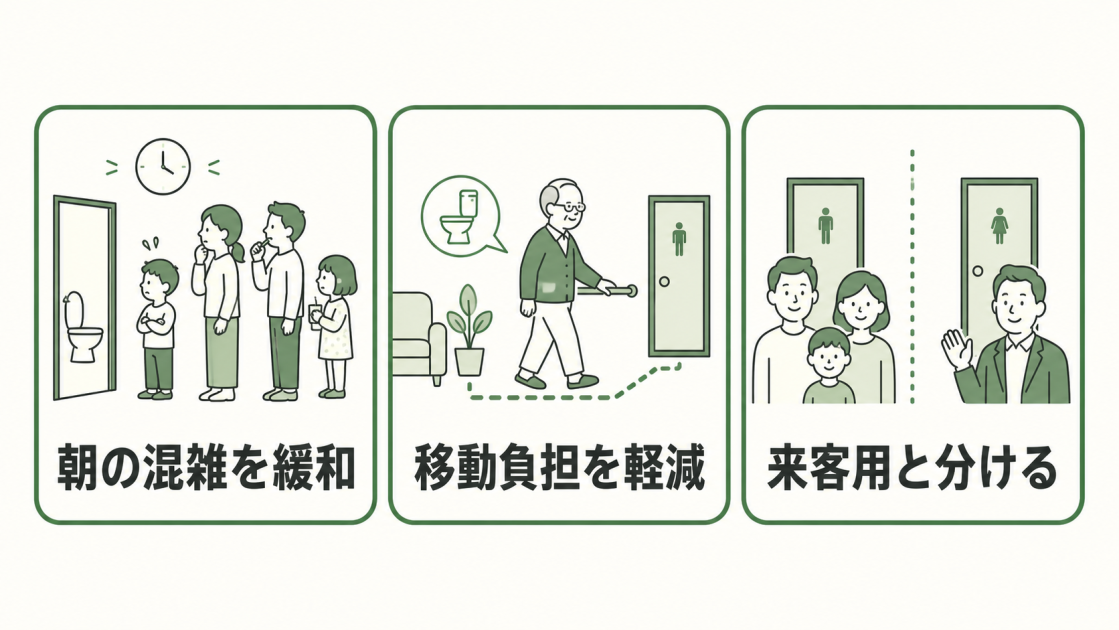 朝の混雑緩和、移動負担軽減、来客用との使い分けというトイレ増設の3つのメリット