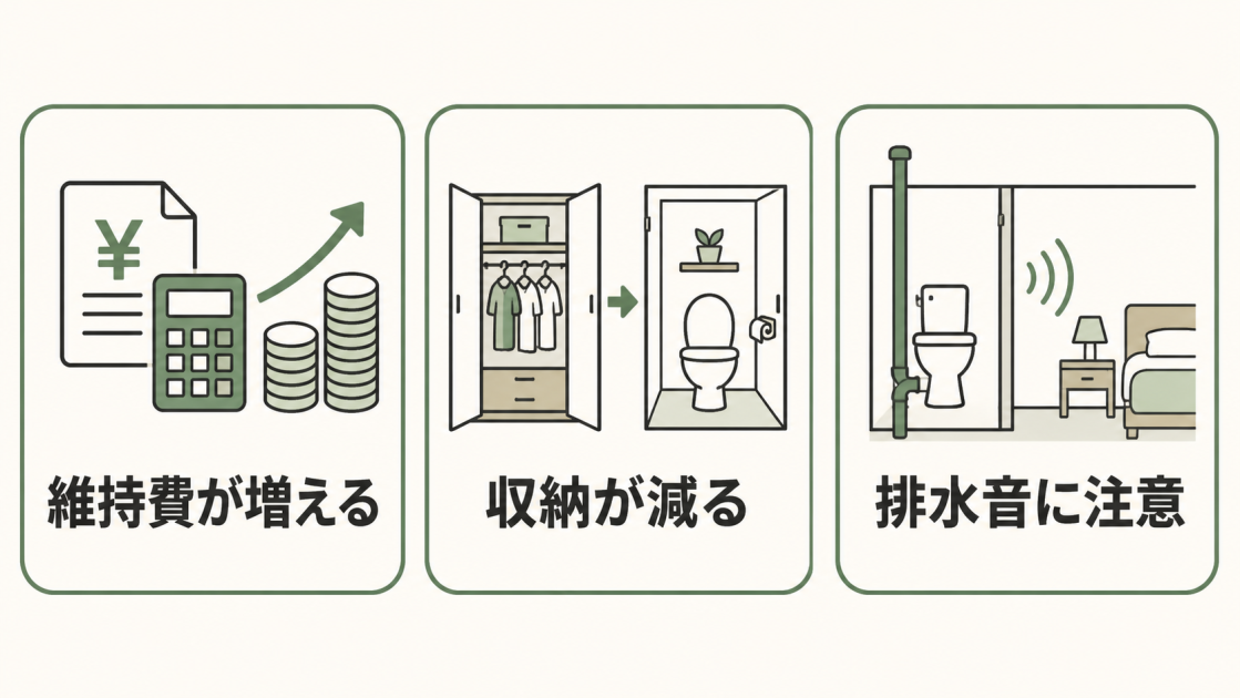 維持費の増加、収納の減少、排水音への注意というトイレ増設の3つのデメリット
