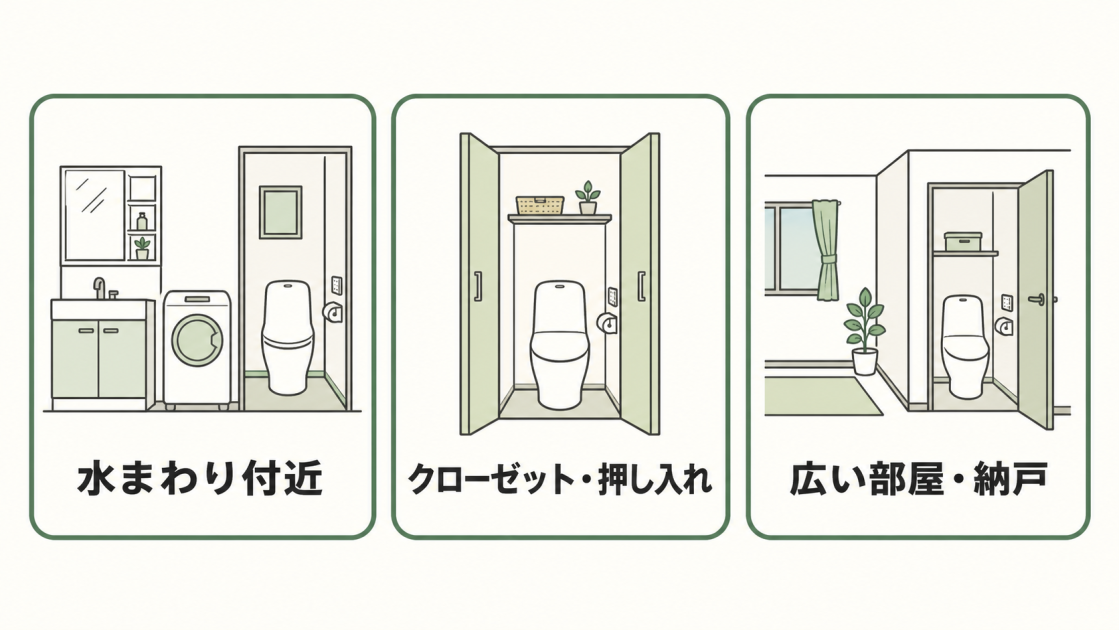 水まわり付近、クローゼット・押し入れ、広い部屋・納戸というトイレ増設に適した3つの場所