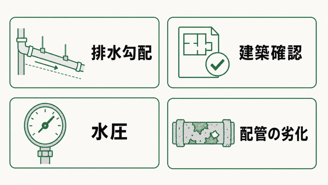排水勾配、建築確認、水圧、配管の劣化というトイレ増設前に確認したい4項目