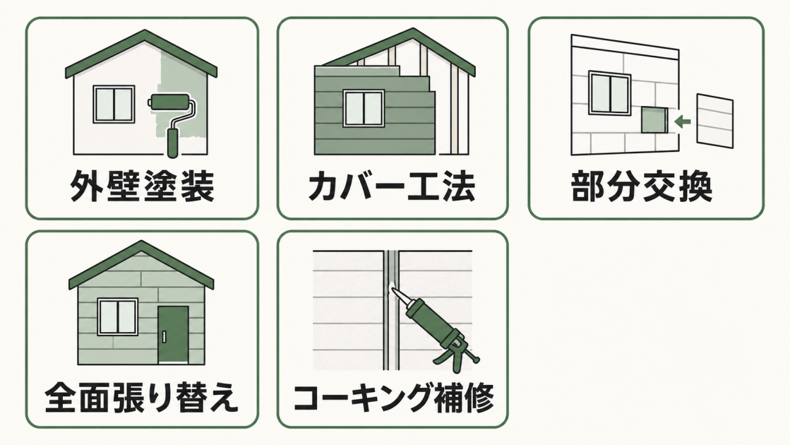 外壁塗装、カバー工法、部分交換、全面張り替え、コーキング補修の5つを示した図解