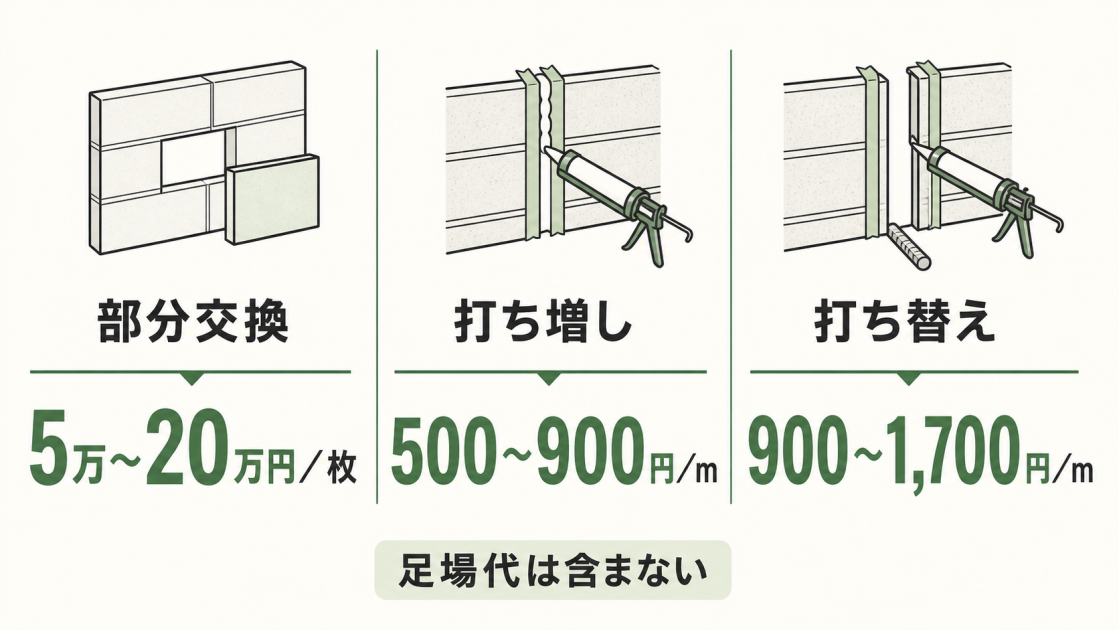 外壁の部分交換5万〜20万円／枚、コーキングの打ち増し500〜900円／m、打ち替え900〜1,700円／mの費用目安を比較した図解