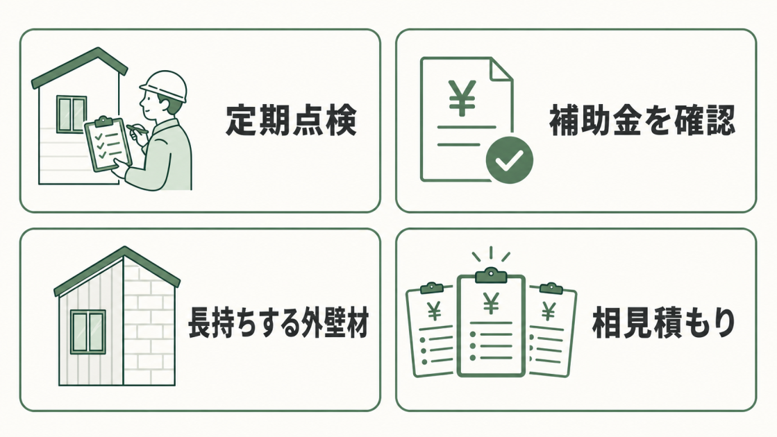 定期点検、補助金の確認、長持ちする外壁材、相見積もりの4つの節約策を示した図解