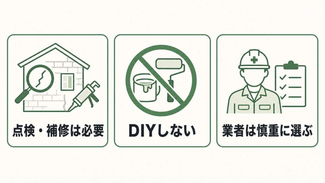 点検・補修の必要性、DIYを避けること、業者を慎重に選ぶことの3つの注意点を示した図解