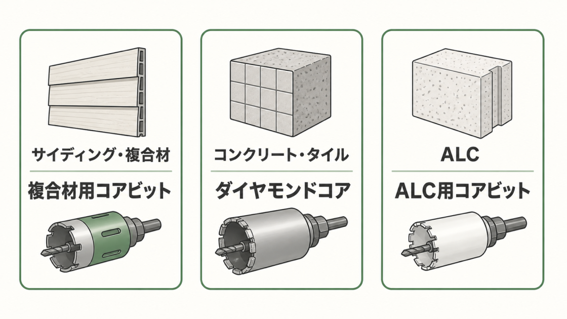 サイディングや複合材、コンクリートやタイル、ALCに適したコアビットを示す図解